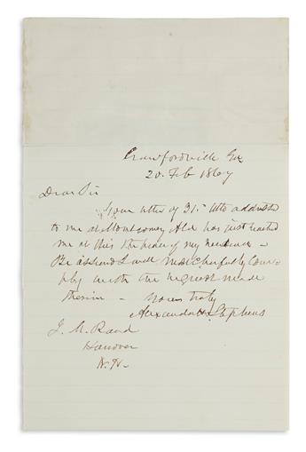 ALEXANDER H. STEPHENS. Two items: Photograph Signed * Brief Autograph Letter Signed. The photograph, half-length...